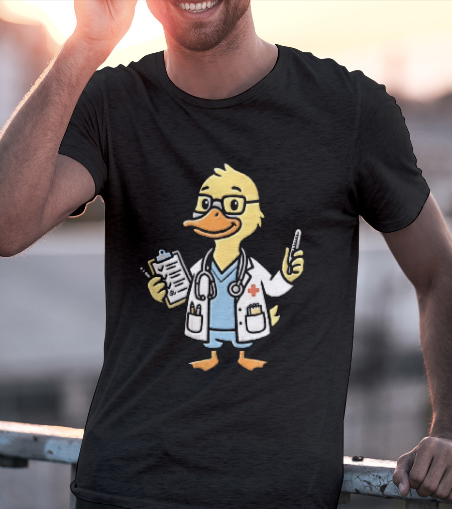 Cartoon Yellow Duck Doctor With Stethoscope Thermometer And Clipboard T-Shirt