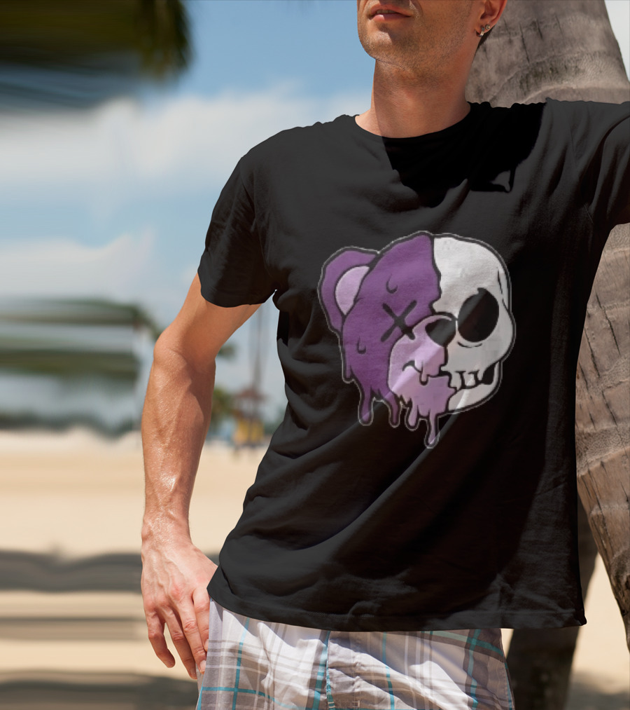 Dripping Purple Teddy Bear Skull Split Face Cartoon T-Shirt
