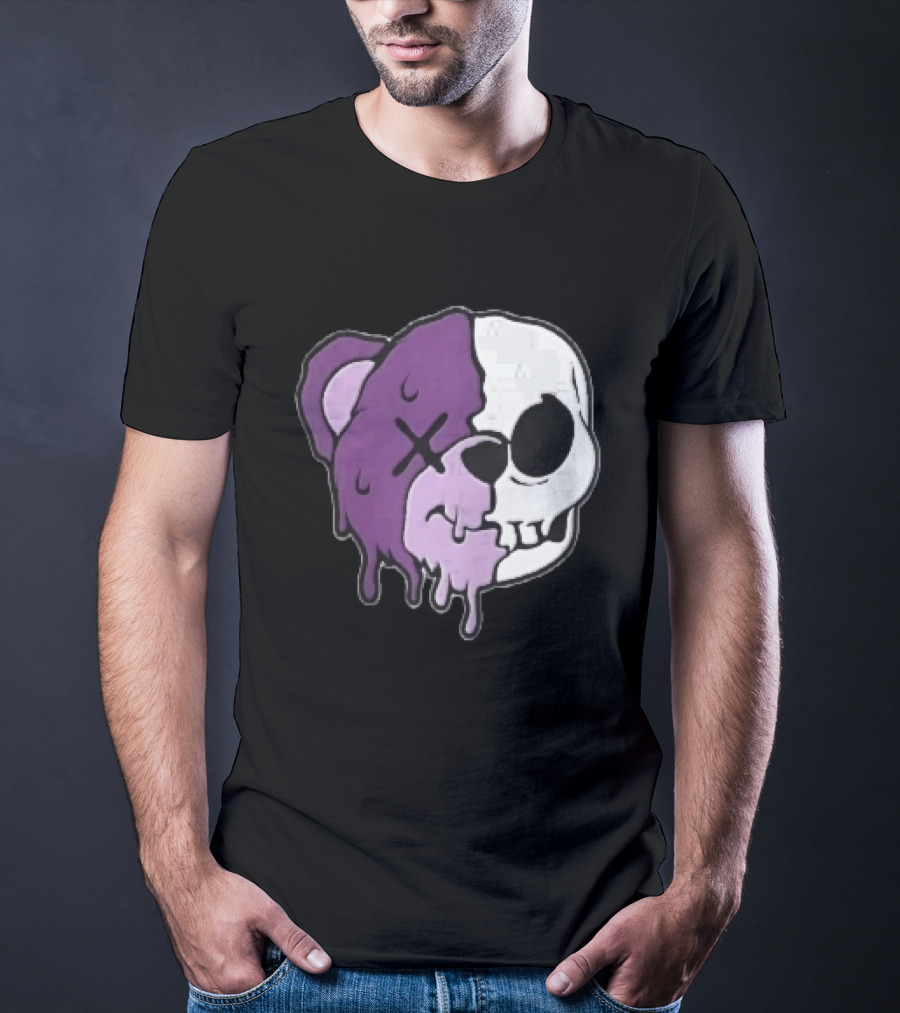Dripping Purple Teddy Bear Skull Split Face Cartoon T-Shirt