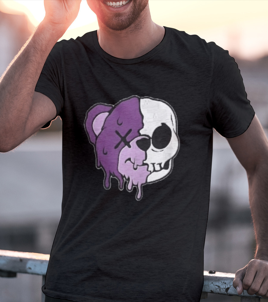 Dripping Purple Teddy Bear Skull Split Face Cartoon T-Shirt