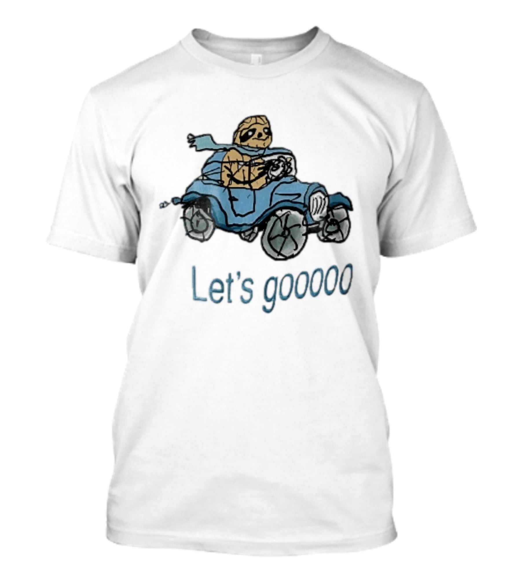 Let's Gooooo Cartoon Sloth Scarf Driving Blue Car Sketch T-Shirt