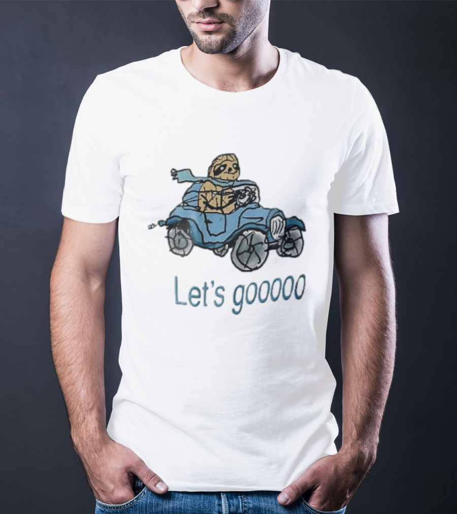 Let's Gooooo Cartoon Sloth Scarf Driving Blue Car Sketch T-Shirt