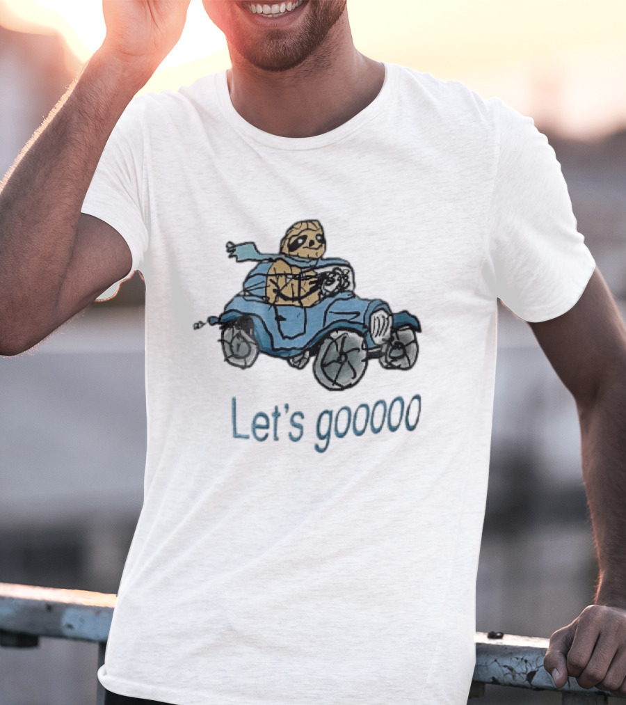 Let's Gooooo Cartoon Sloth Scarf Driving Blue Car Sketch T-Shirt