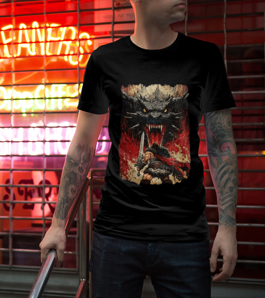 Barbarian Warrior Sword Battle Roaring Dragon Fiery Flames Art Ink Line T-Shirt