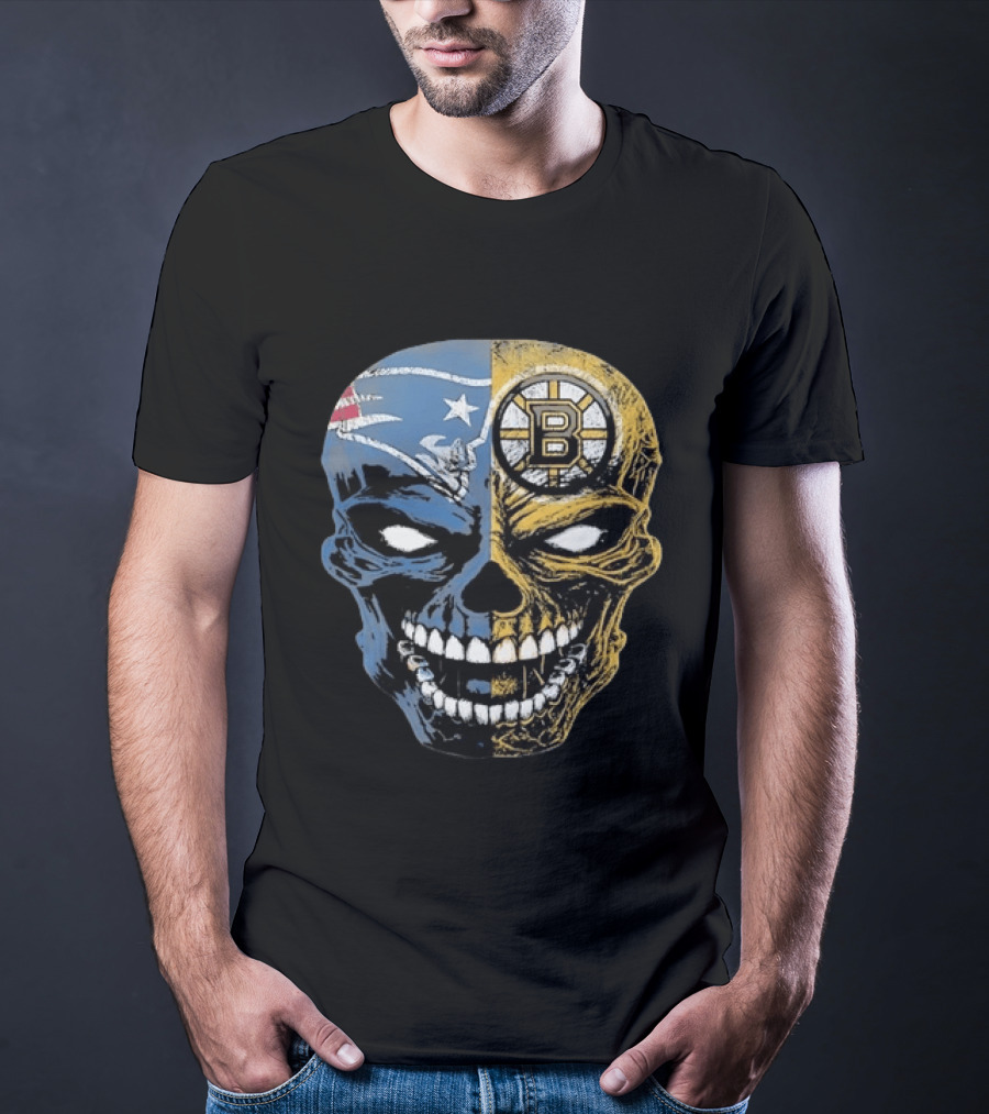 Boston Sports Skull New England Patriots Boston Bruins Fan Fusion T-Shirt