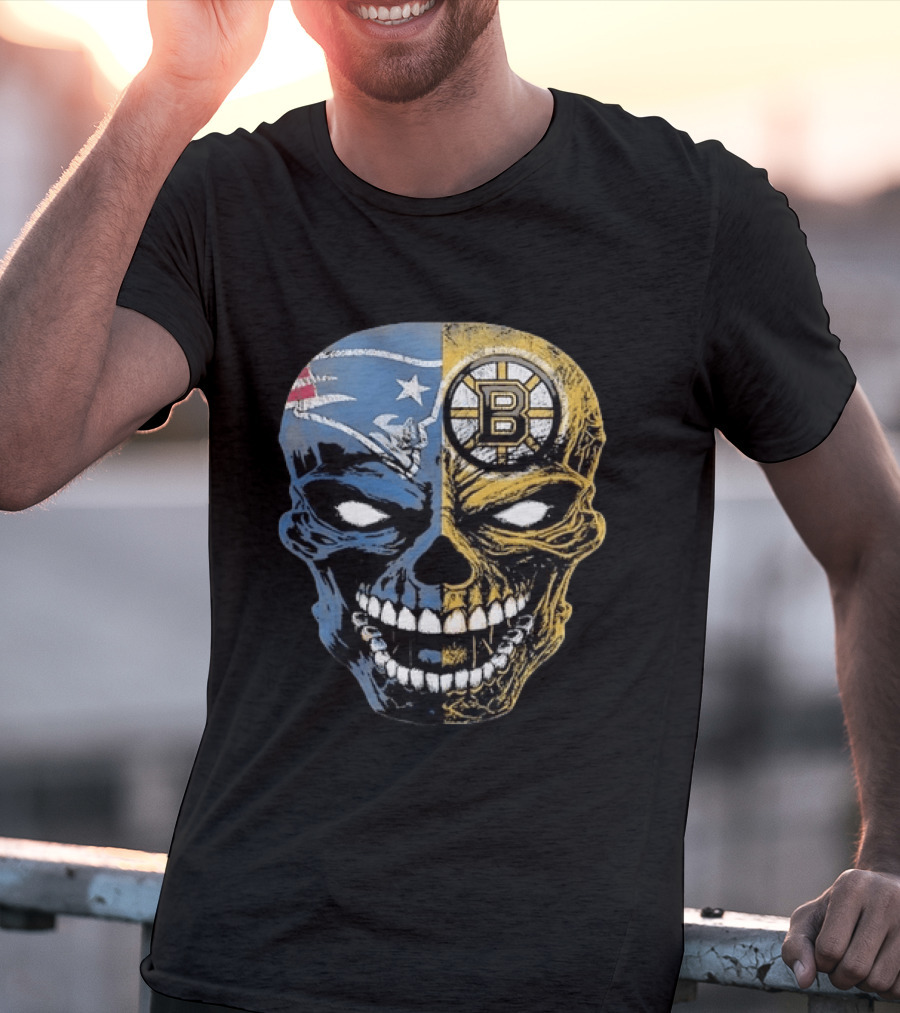 Boston Sports Skull New England Patriots Boston Bruins Fan Fusion T-Shirt
