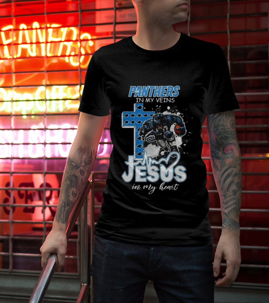 Panthers In My Veins Jesus In My Heart Carolina Football Athlete Cross T-Shirt