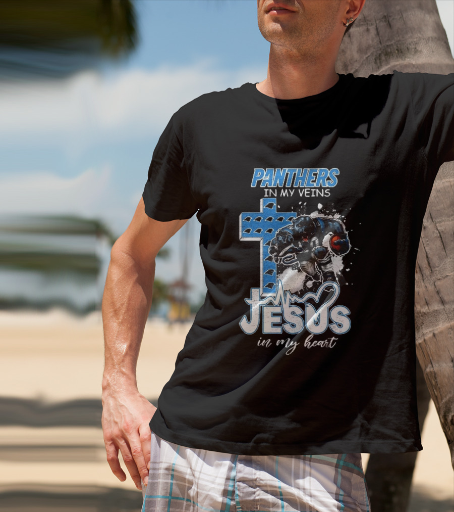 Panthers In My Veins Jesus In My Heart Carolina Football Athlete Cross T-Shirt