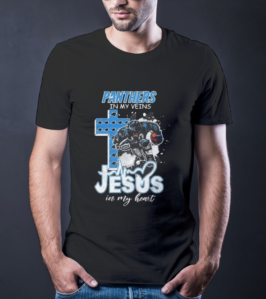 Panthers In My Veins Jesus In My Heart Carolina Football Athlete Cross T-Shirt
