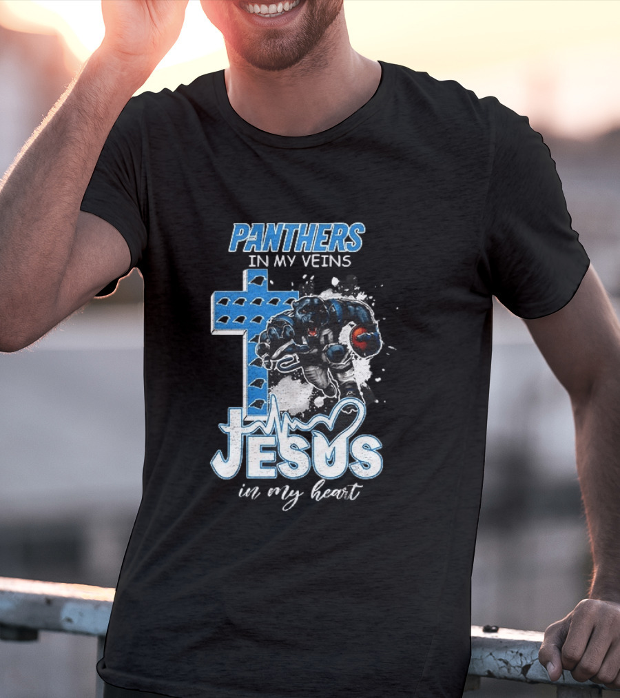 Panthers In My Veins Jesus In My Heart Carolina Football Athlete Cross T-Shirt
