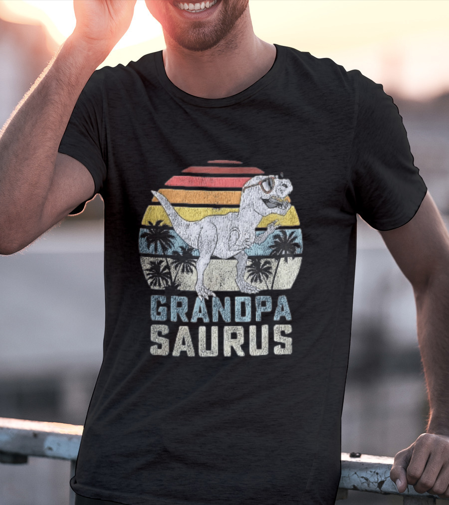 Grandpa Saurus Dinosaur Sunglasses Sunset Palms T-Shirt