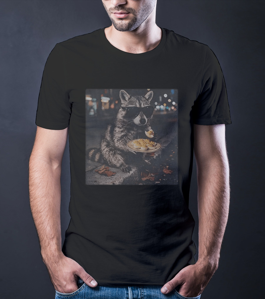 Raccoon Eating Deviled Eggs At Night Wearing Sunglasses T-Shirt