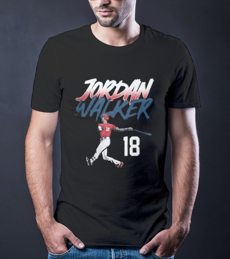 Jordan Walker 18 Baseball Red Uniform Swinging Bat Brush Lettering T-Shirt