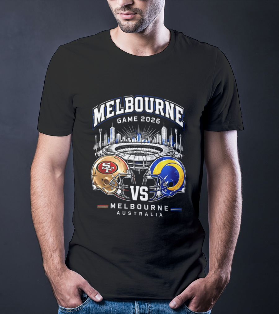 Melbourne Game 2026 San Francisco 49ers Vs Los Angeles Rams Australia Helmets T-Shirt