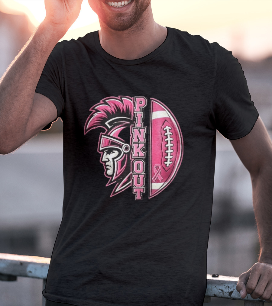 Maroa Forsyth Trojans Pink Out Football Helmet Breast Cancer Awareness Ribbon T-Shirt