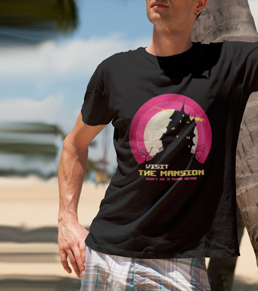 Visit The Mansion Don't Be A Tuna Head Pixel Spooky House Moon Skeleton Trees Yellow Meteor T-Shirt