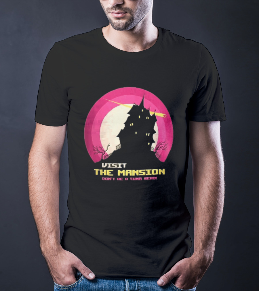 Visit The Mansion Don't Be A Tuna Head Pixel Spooky House Moon Skeleton Trees Yellow Meteor T-Shirt