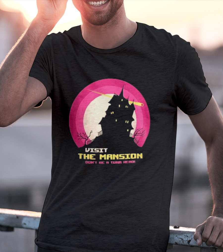 Visit The Mansion Don't Be A Tuna Head Pixel Spooky House Moon Skeleton Trees Yellow Meteor T-Shirt