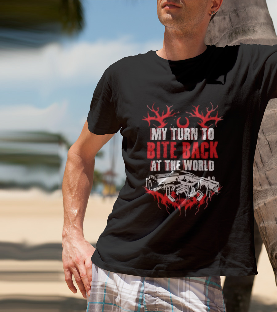 My Turn To Bite Back At The World Red And White Aggressive Weapon Anthem T-Shirt