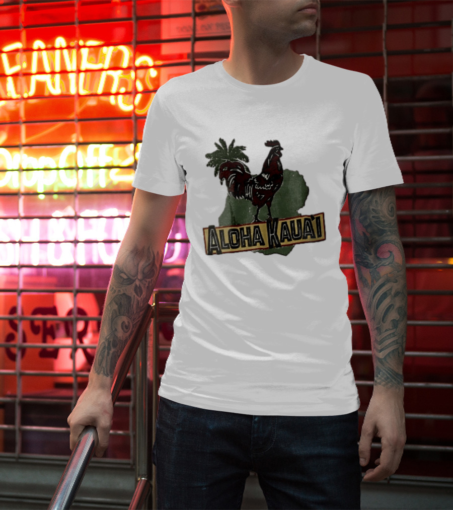 Aloha Kauai Red Rooster Palm Tree Island Map T-Shirt