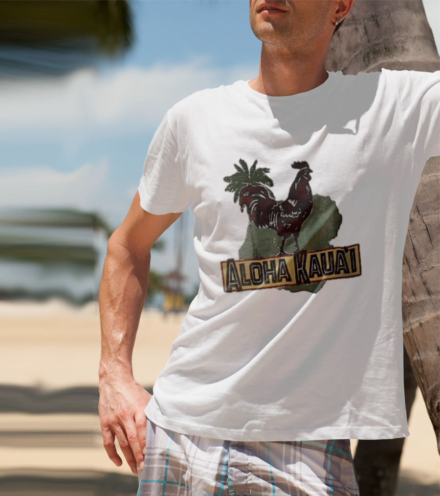 Aloha Kauai Red Rooster Palm Tree Island Map T-Shirt