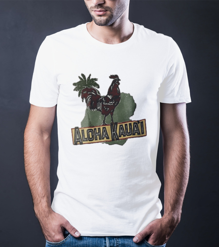 Aloha Kauai Red Rooster Palm Tree Island Map T-Shirt