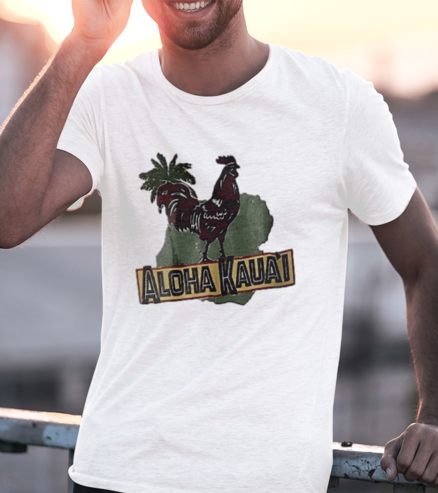 Aloha Kauai Red Rooster Palm Tree Island Map T-Shirt