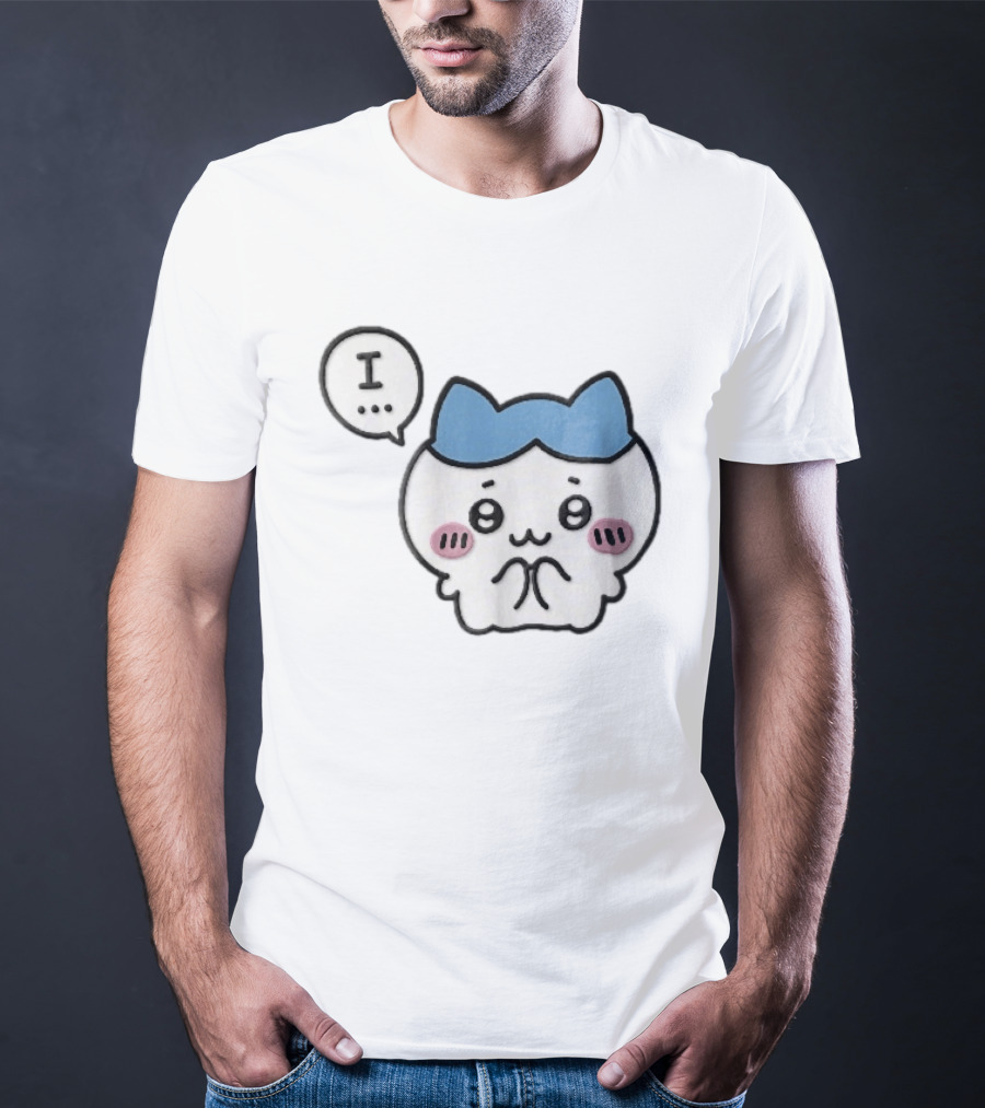 Shy White Cat With Blue Ears Blushing Expression Speech Bubble Text I T-Shirt
