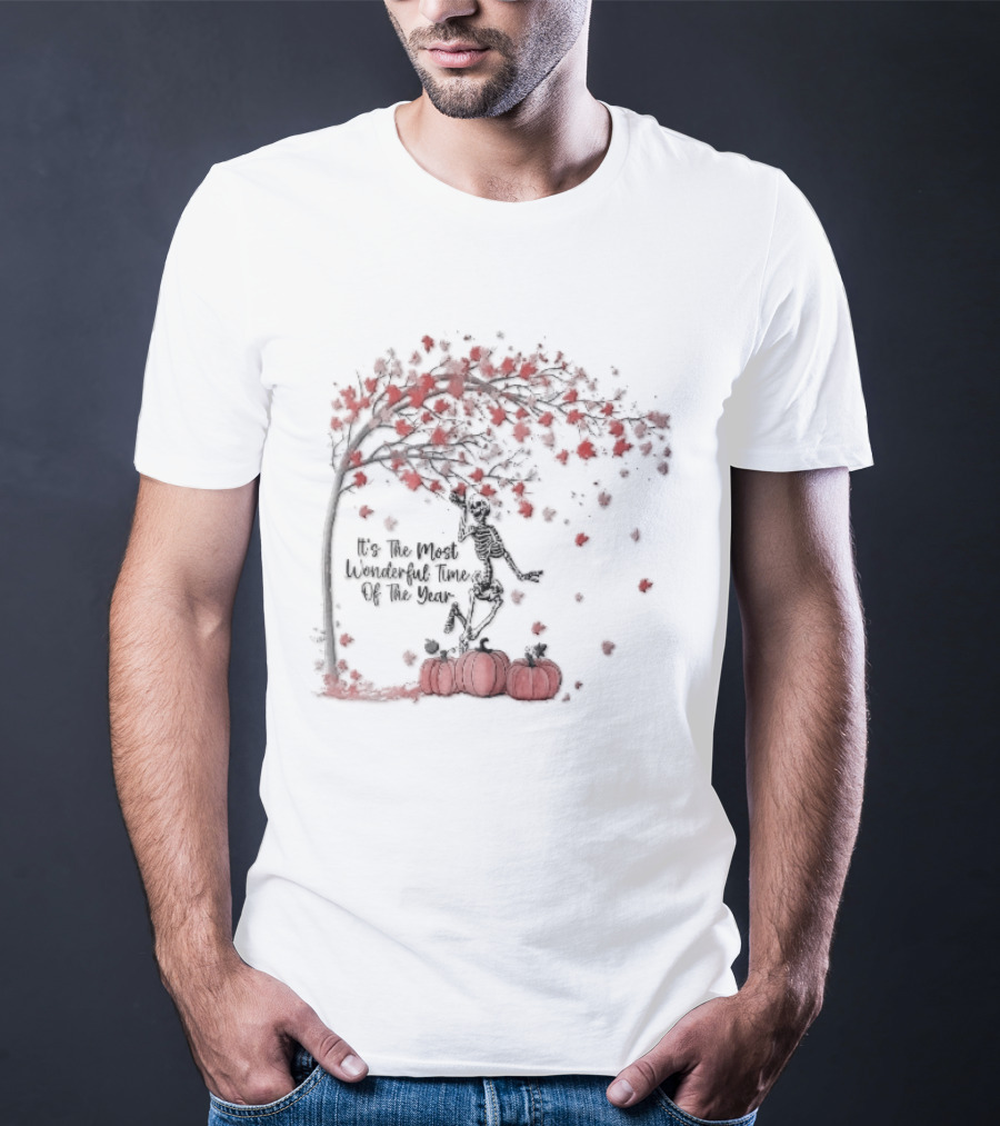 It's The Most Wonderful Time Of Year Dancing Skeleton Autumn Tree Pumpkins T-Shirt