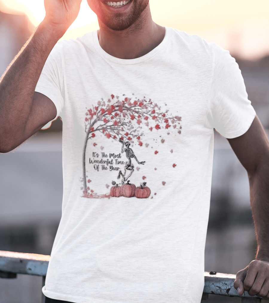 It's The Most Wonderful Time Of Year Dancing Skeleton Autumn Tree Pumpkins T-Shirt