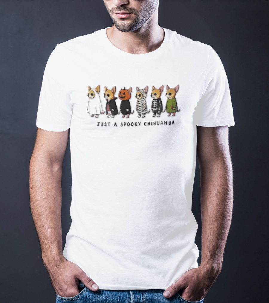 Just A Spooky Chihuahua Cartoon Dogs In Halloween Costumes Ghost Pumpkin Mummy Skeleton Monster T-Shirt