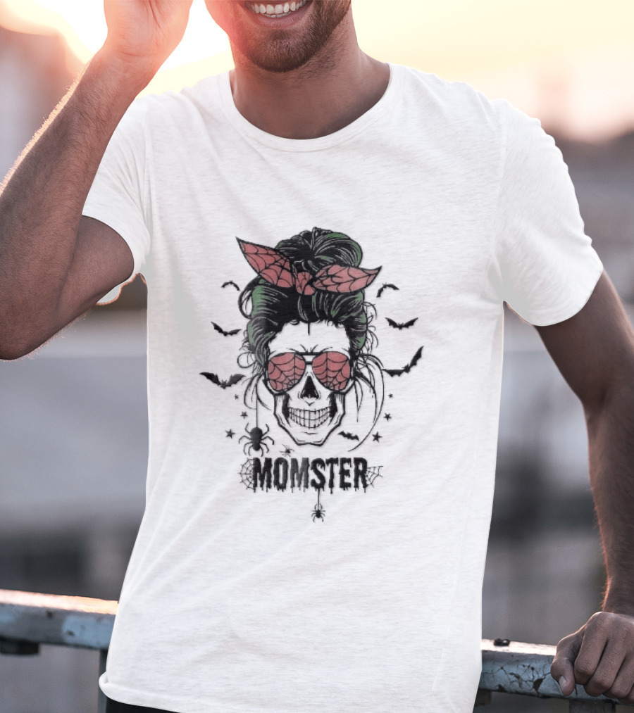 Momster Cartoon Skull Green Messy Bun Spiderweb Glasses T-Shirt