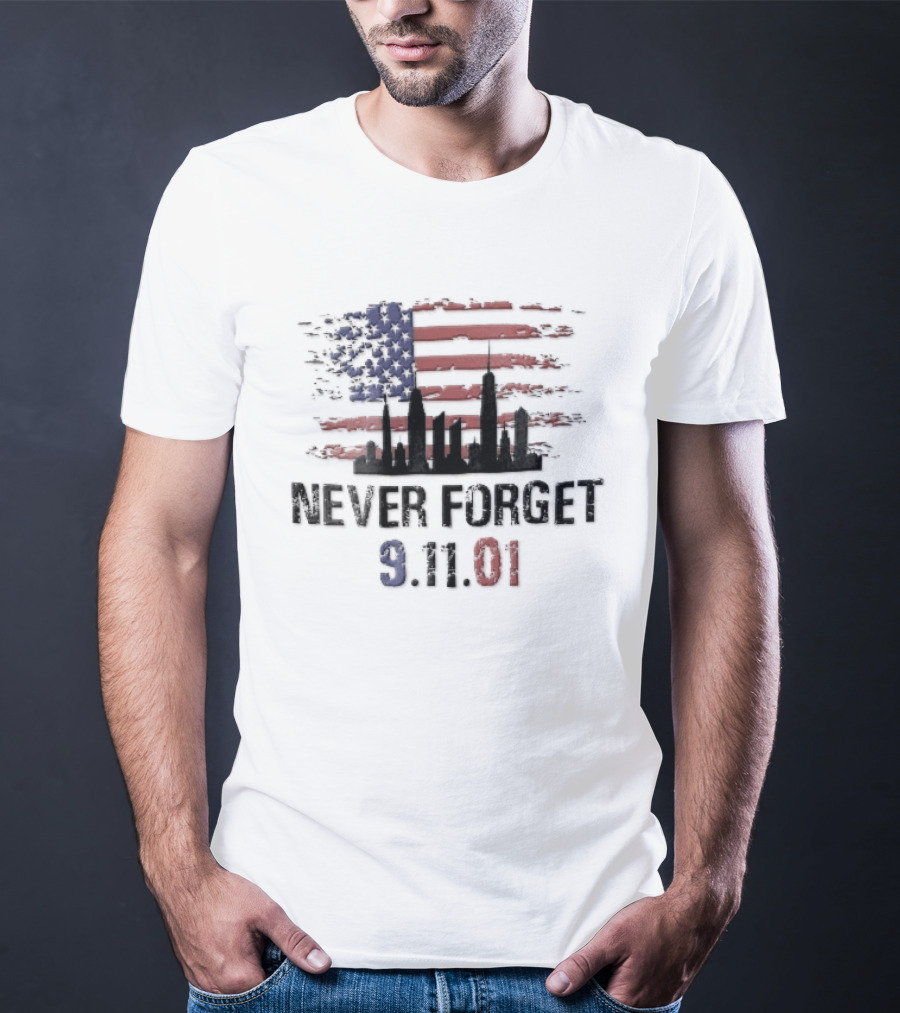Never Forget 9 11 01 Distressed American Flag NYC Skyline T-Shirt