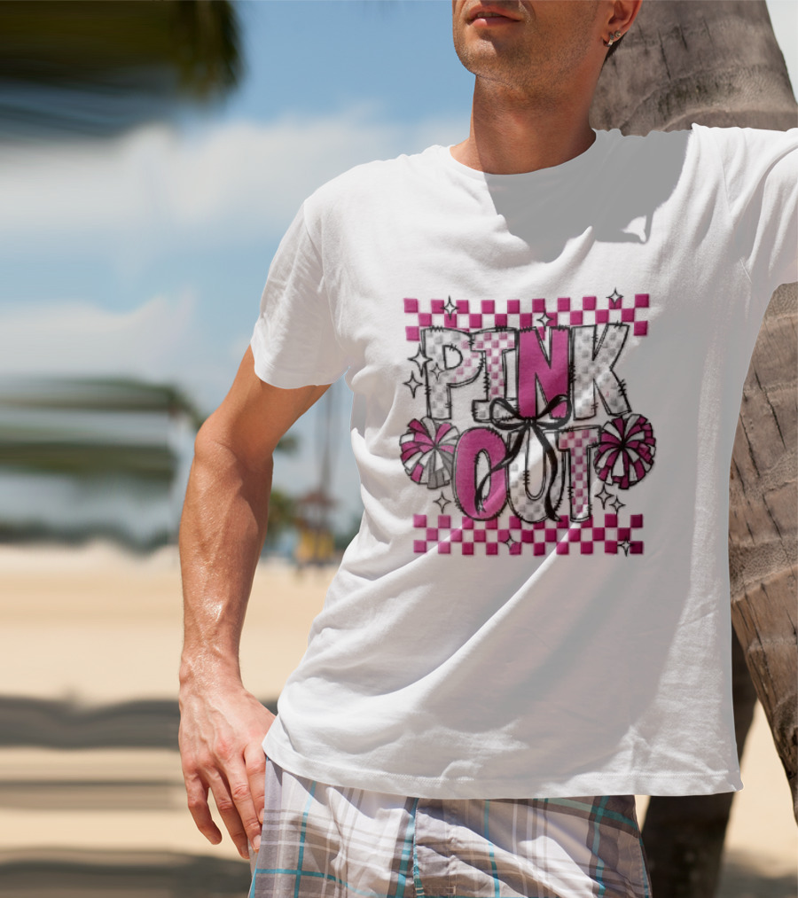Pink Out Checkerboard Cheerleader Pom Poms Black Ribbon Bow Sparkles T-Shirt