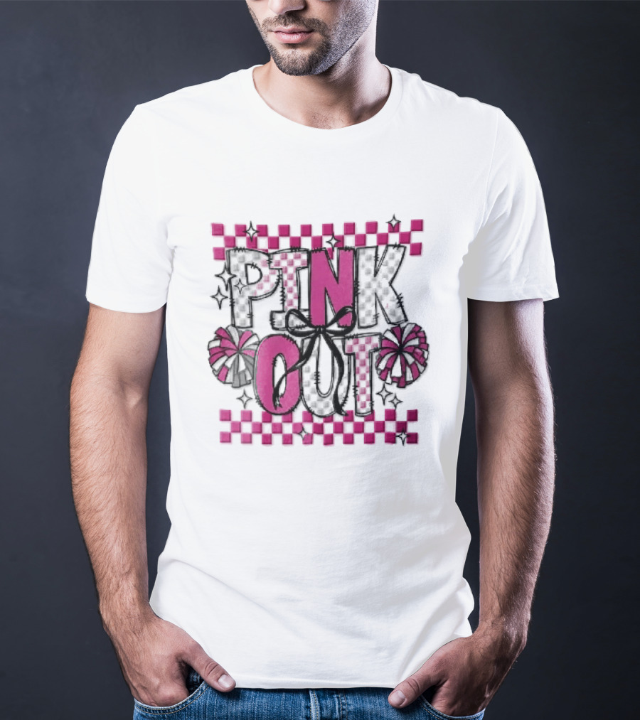Pink Out Checkerboard Cheerleader Pom Poms Black Ribbon Bow Sparkles T-Shirt