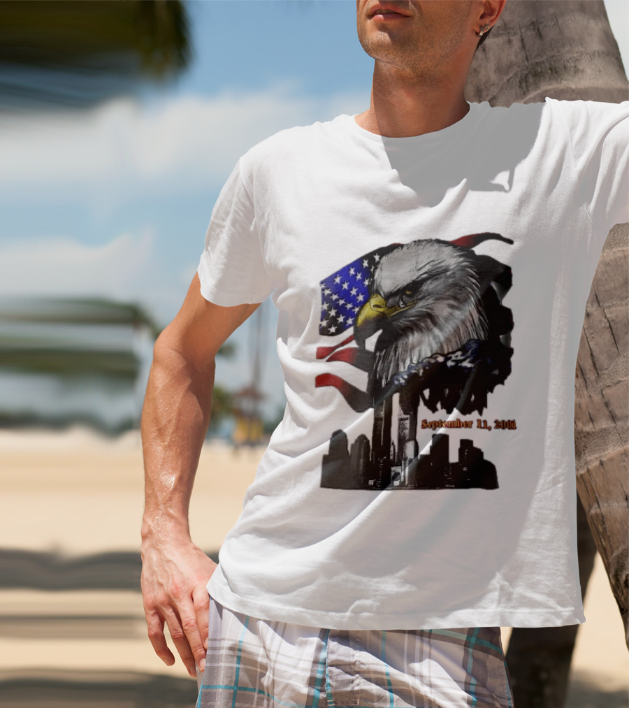 September 11 2001 Twin Towers New York Skyline Crying Bald Eagle American Flag T-Shirt