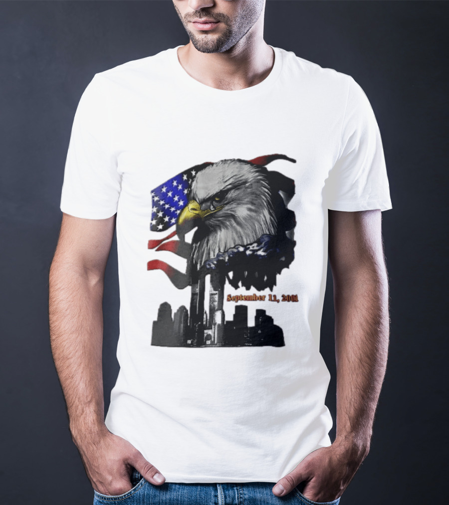 September 11 2001 Twin Towers New York Skyline Crying Bald Eagle American Flag T-Shirt