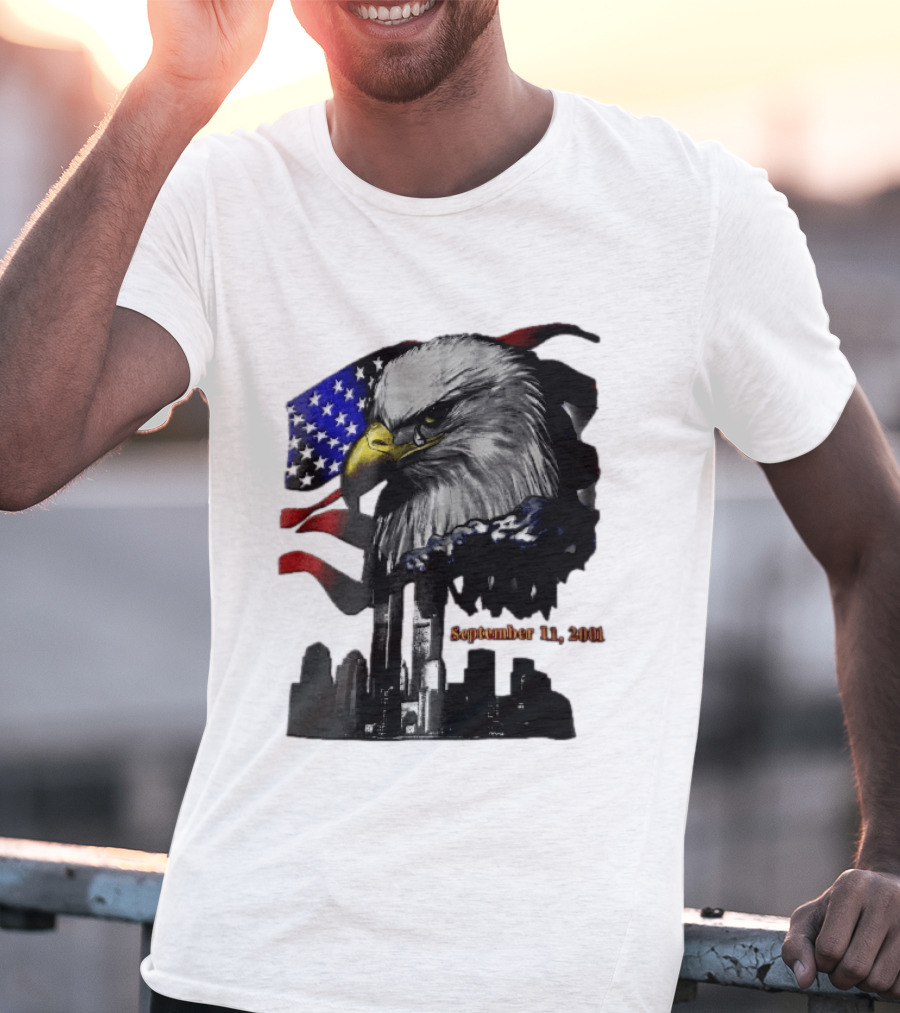 September 11 2001 Twin Towers New York Skyline Crying Bald Eagle American Flag T-Shirt
