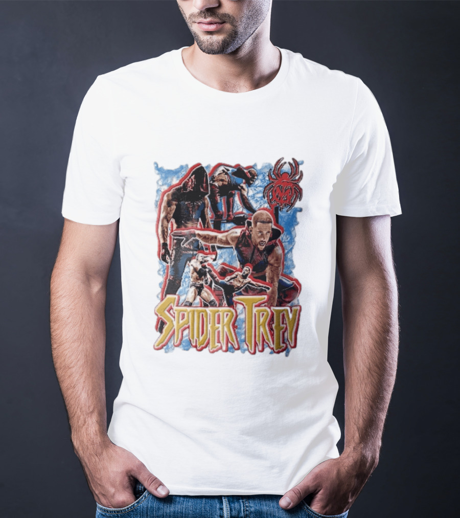 Spider Trey Professional Wrestler Action Collage With Blue Smoke And Red Spider T-Shirt