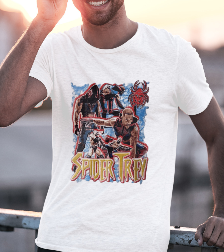 Spider Trey Professional Wrestler Action Collage With Blue Smoke And Red Spider T-Shirt