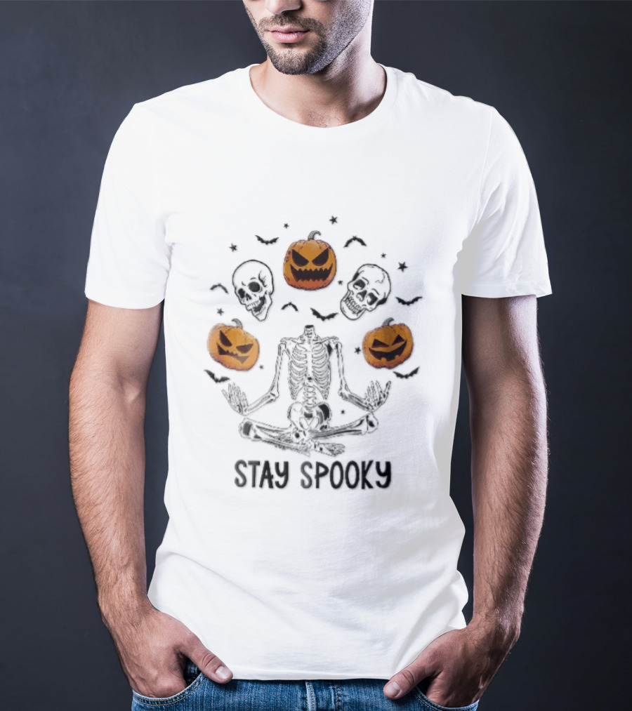 Stay Spooky Headless Skeleton Meditating Floating Skulls Pumpkins Bats Halloween T-Shirt