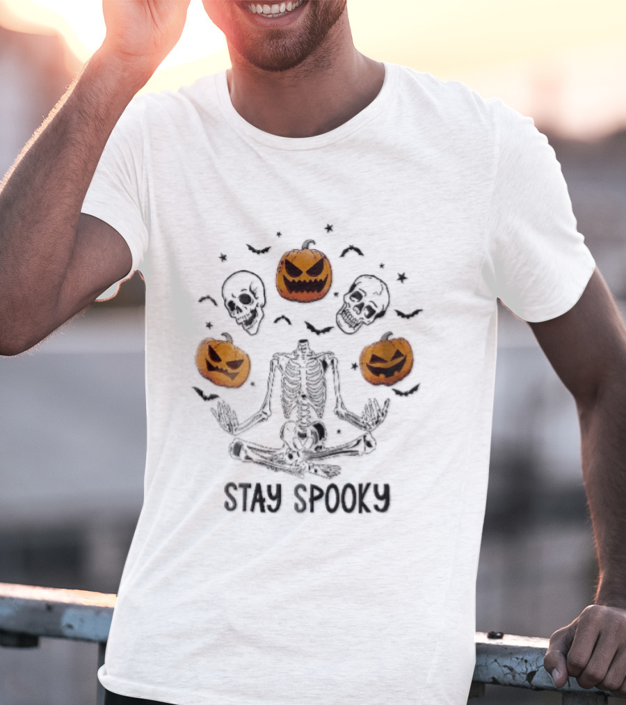 Stay Spooky Headless Skeleton Meditating Floating Skulls Pumpkins Bats Halloween T-Shirt