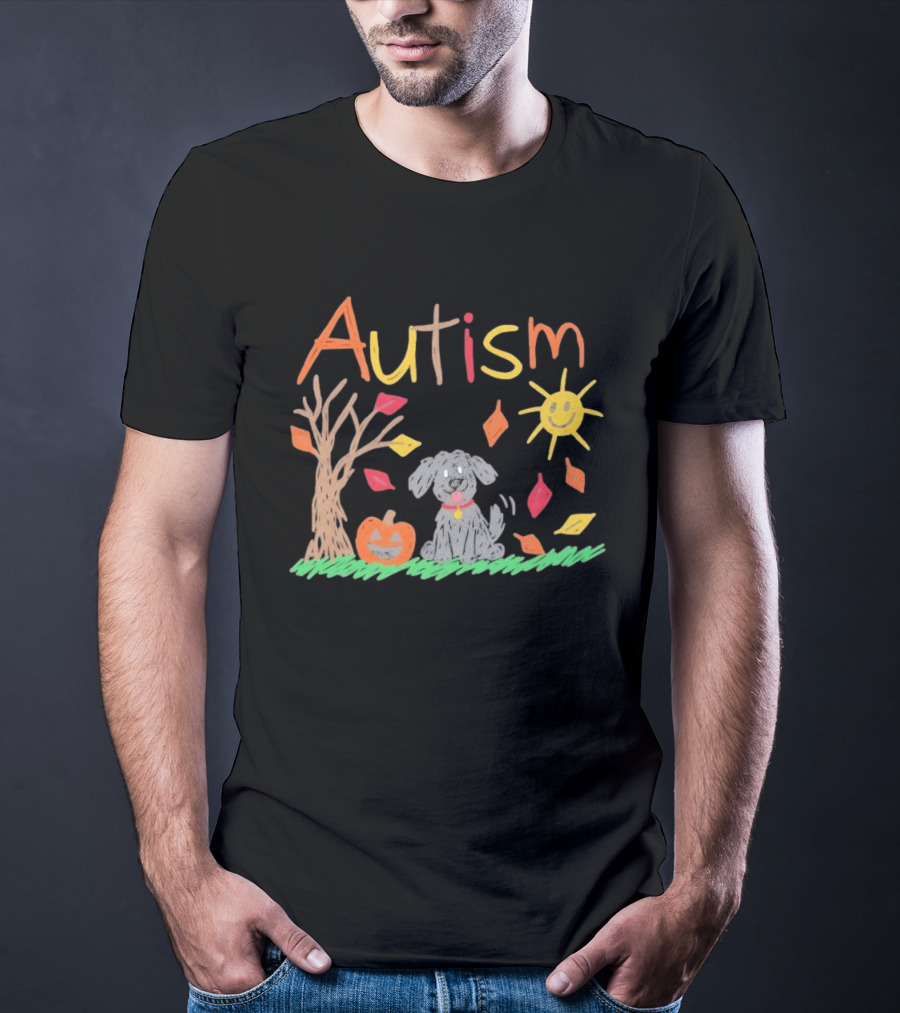 Autism Awareness Fall Puppy Pumpkin Autumn Leaves Sun Drawing T-Shirt
