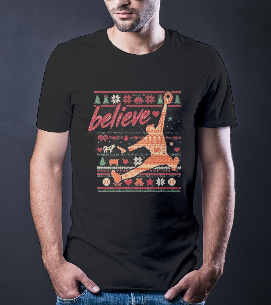 Believe Orioles Air Cowser Ugly Christmas Festive Sweater Baseball Catch T-Shirt