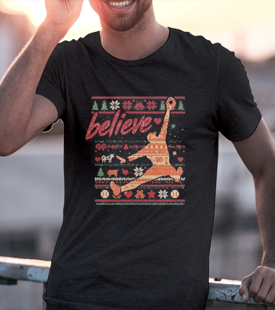 Believe Orioles Air Cowser Ugly Christmas Festive Sweater Baseball Catch T-Shirt