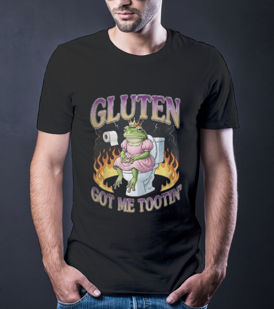 Gluten Got Me Tootin Cartoon Frog Princess Dress Toilet Flames T-Shirt