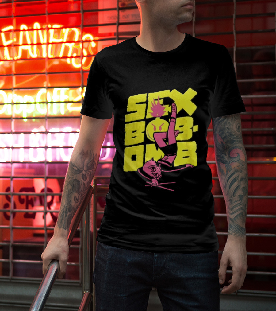 Sex Bob Omb Inverted Pink Cartoon Drummer With Drumsticks Bold Yellow T-Shirt