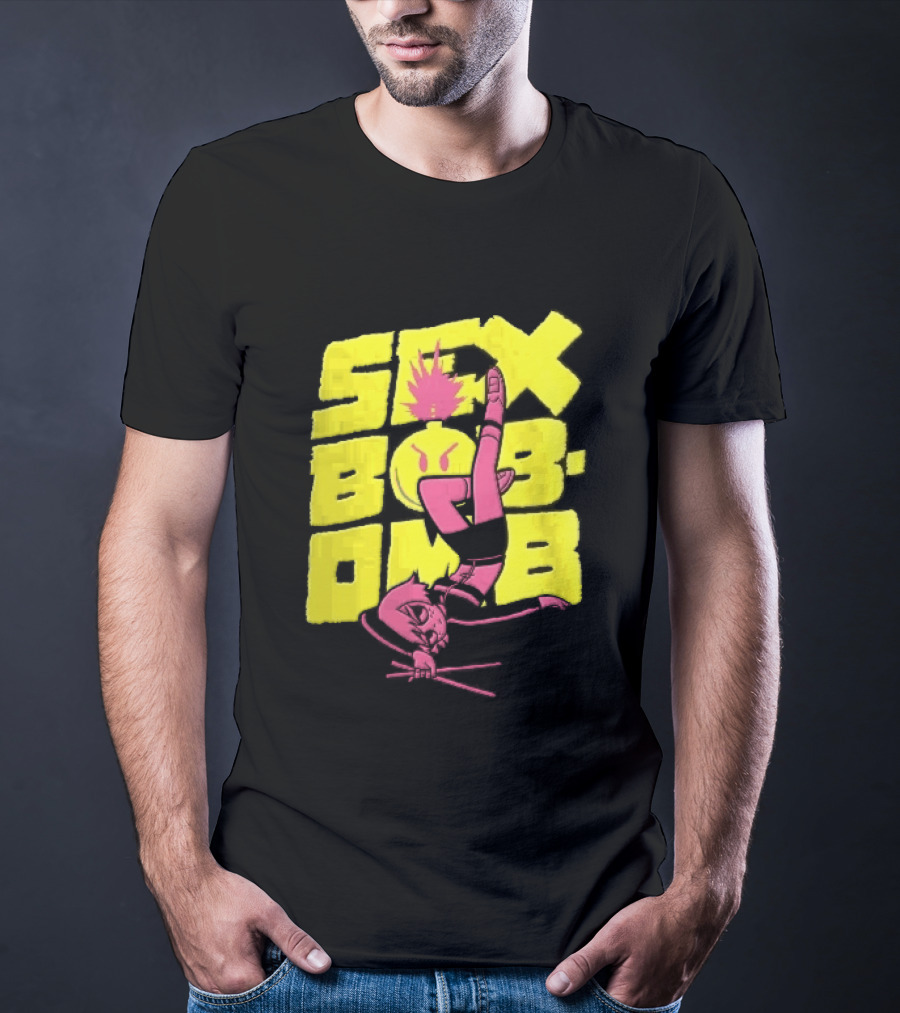 Sex Bob Omb Inverted Pink Cartoon Drummer With Drumsticks Bold Yellow T-Shirt