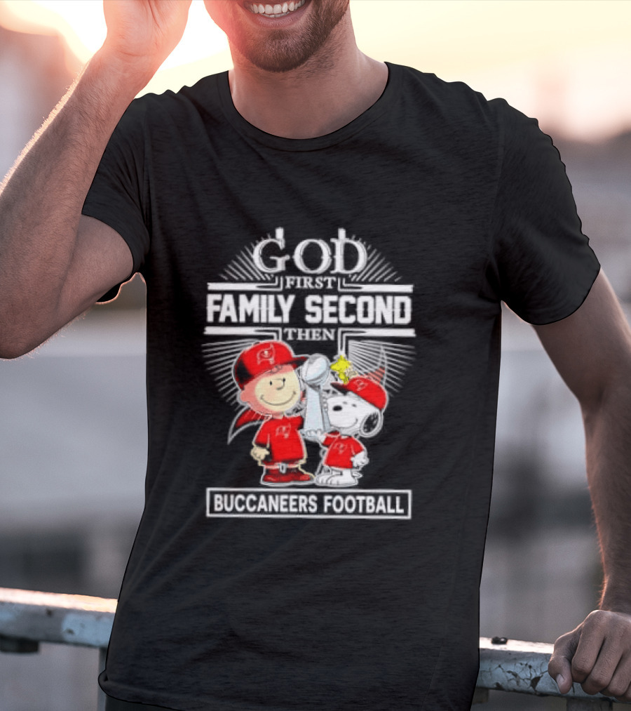Snoopy God First Family Second Then Buccaneers Football Fan Gear T-Shirt