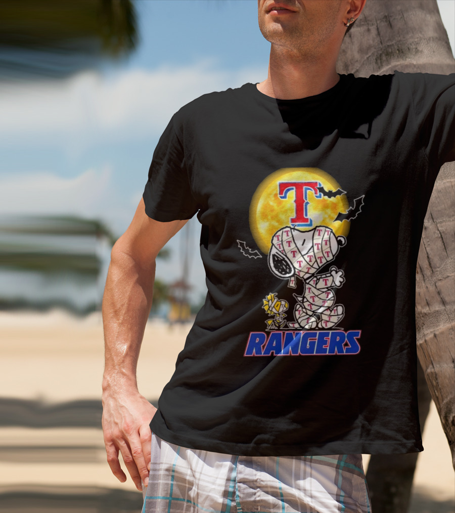Texas Rangers Snoopy Woodstock Mummy Halloween Collaboration T-Shirt